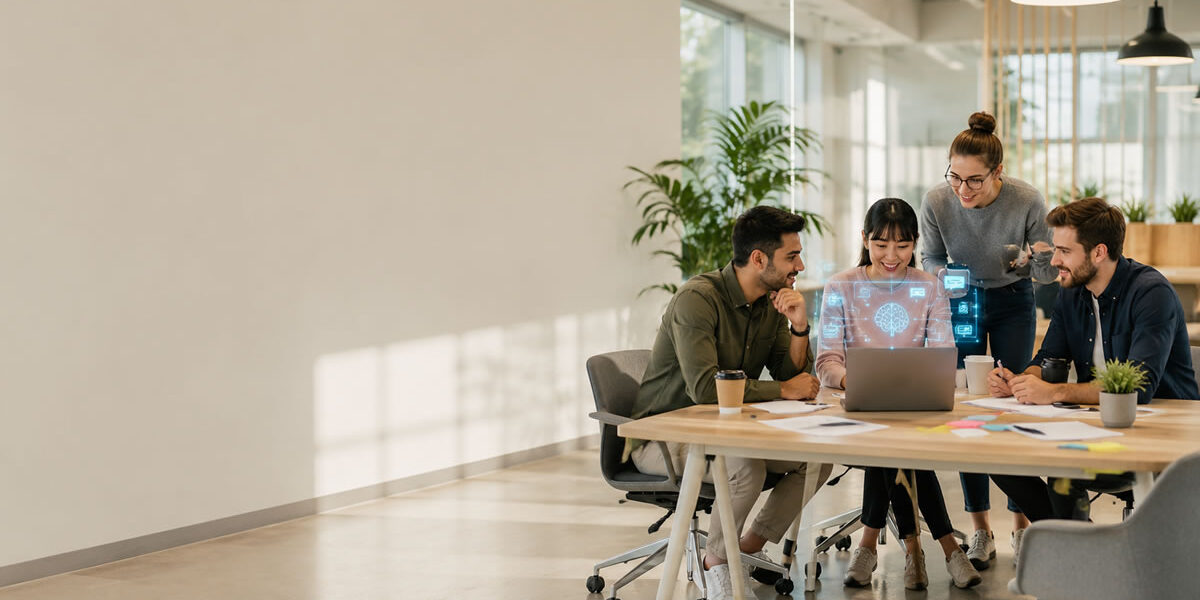 Collaborative workspace with futuristic tech