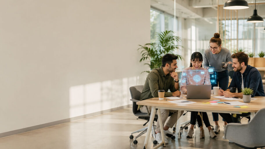 Collaborative workspace with futuristic tech