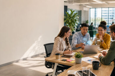 Collaborative AI Meeting in a Modern Office